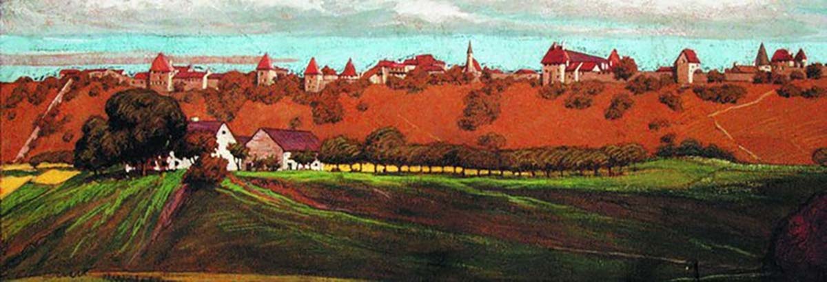 1899 Zeichnung der Burganlage in rötlichen Farben