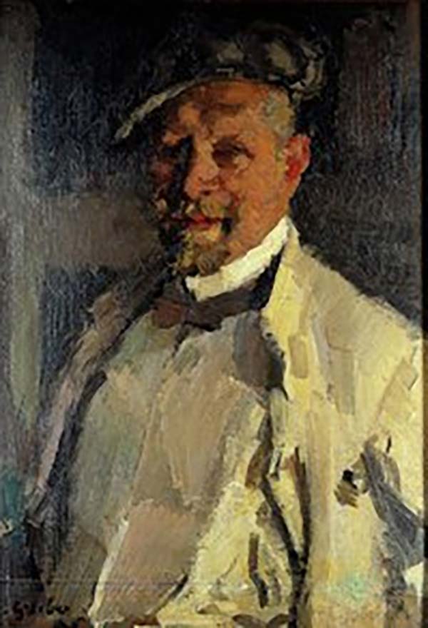 1899 Gemälde mit Porträt eines Mannes Er trägt einen hellen Anzug und Schiebermütze