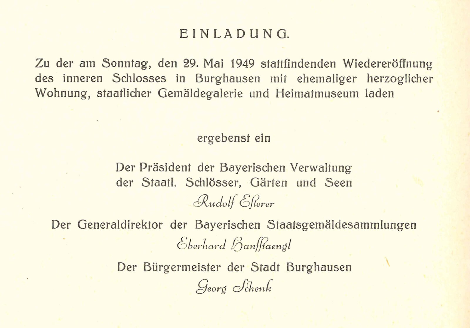 Einladung Burg Museen 1949 Einladungskarte zur Wiedereröffnung der staatlichen Gemäldegalerie und des Heimatmuseums, 1949
