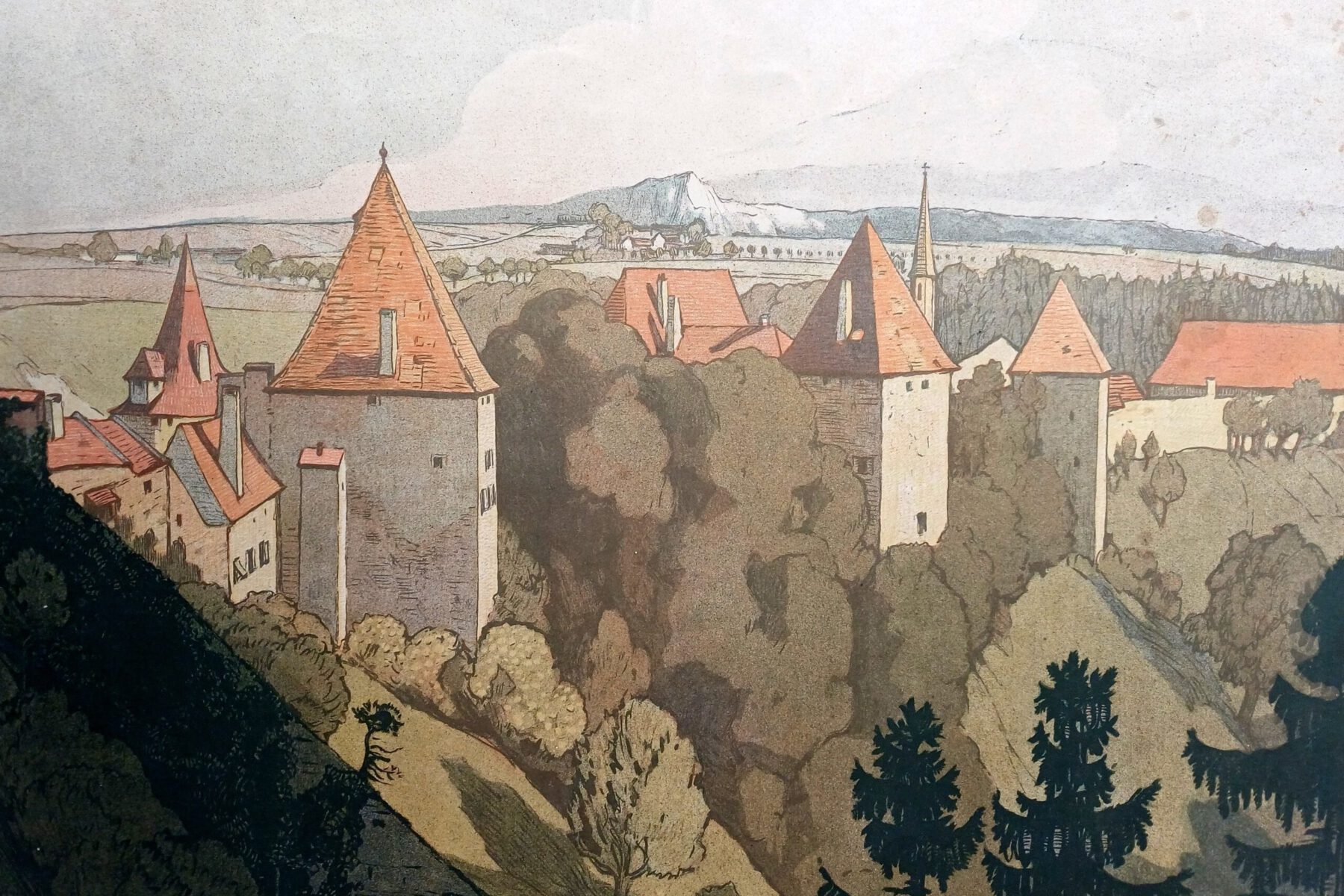 Chromolithografie von Max Liebenwein © Stadtmuseum Burghausen EIn gedrucktes Bild, dass die Mauern und Türme der Burg von Burghausen zeigt